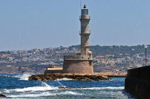 lighthouse, sea, nature, greece, chania, wave, coast, summer