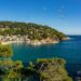Aerial view of Llafranc beach with lush hills and clear blue sea, featuring flying seagulls.