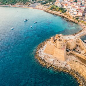 Aerial view of the stunning seaside castle in Capo Rizzuto, Calabria, Italy.