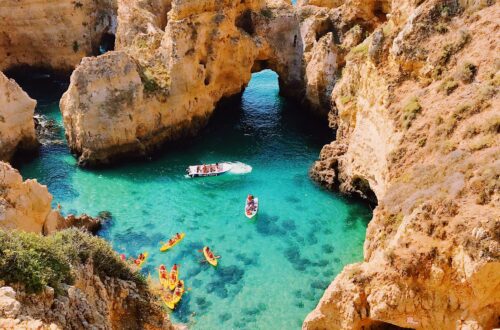 Stunning aerial view of cliffs and clear blue water at Lagos, Portugal, showcasing natural beauty.