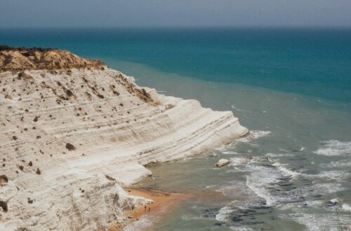 Breathtaking aerial view of Scala dei Turchi with white cliffs and turquoise sea in Sicily.