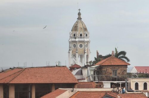 View of colorful rooftops and cathedral in Casco Viejo, Panama City.