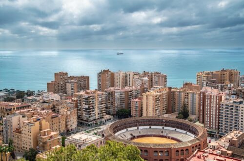 city, buildings, nature, sea, bullring, malaga, spain, coast, landscape, horizon, sky, clouds, scenery