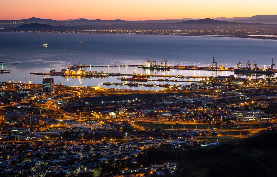 table bay harbour, cape town, dawn, sunrise, night sky, night, city, architecture, cityscape, sky, skyline, urban, panorama, nature, view, building, light, aerial, travel, town, landscape, sunset, sea, water