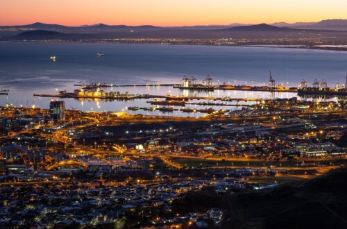 table bay harbour, cape town, dawn, sunrise, night sky, night, city, architecture, cityscape, sky, skyline, urban, panorama, nature, view, building, light, aerial, travel, town, landscape, sunset, sea, water