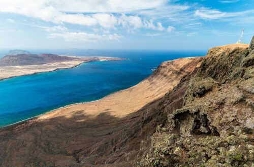 A breathtaking aerial view of the rugged coastline and clear blue waters of Lanzarote, Spain.